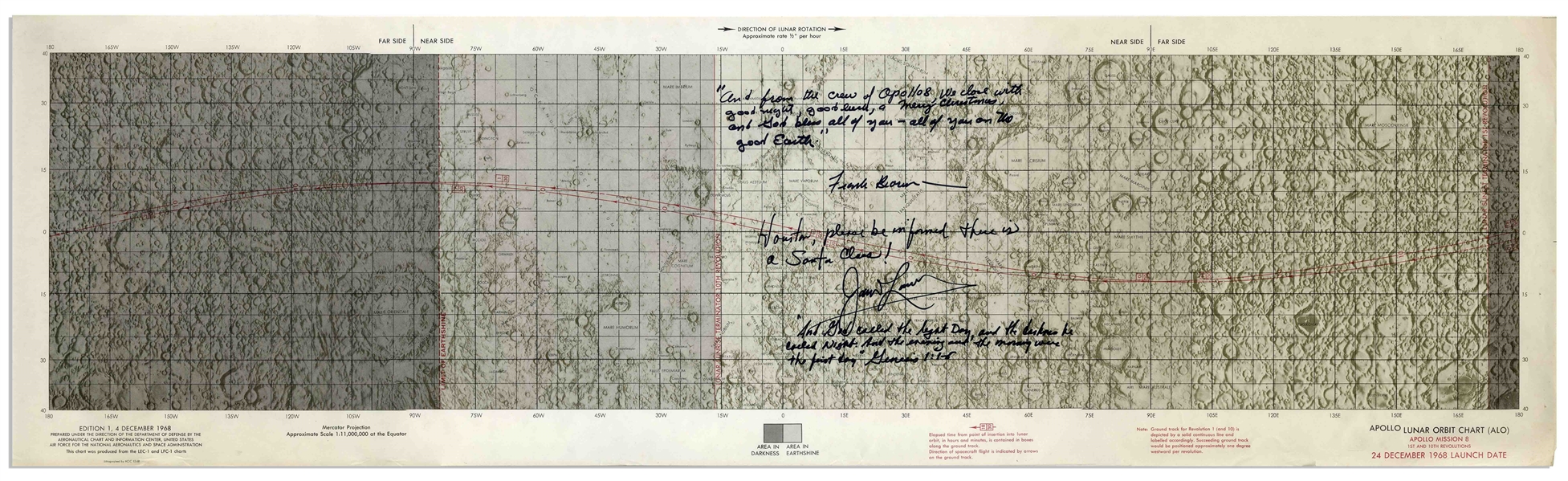 Frank Borman and James Lovell Signed Apollo 8 Lunar Orbit Chart -- The Men Also Write Their Historic Words From the 1968 Christmas Eve Broadcast, Including the Santa Claus Quote & Passage From Genesis